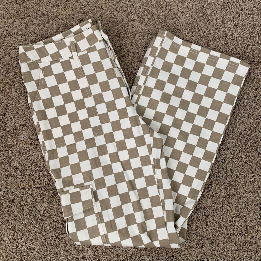 Tan Checkered Cargo Pants